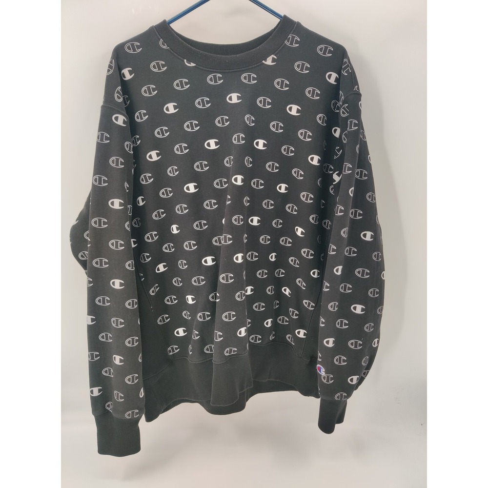 Champion Reverse Weave Black All Over Logo Print Sweatshirt Mens Size 2XL